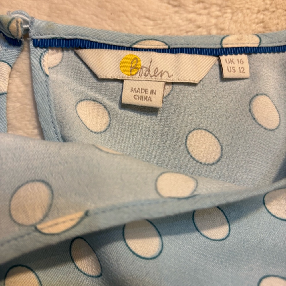 Boden Blouse Sz 12 Caroline Lt Blue White Polka Dot Peplum Viscose Cottagecore - Picture 12 of 16